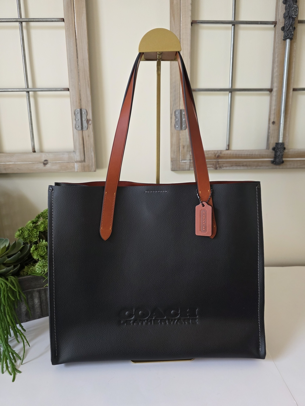 Coach Relay Tote Laptop Bag Black Polished Pebble Leather Large